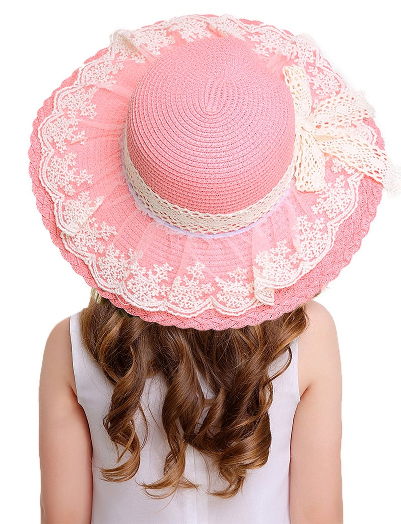 Bienvenu Little Girl Kids Summer Straw Hat Wide Brim Floppy Beach Sun Visor Hat,Pink - Image 4